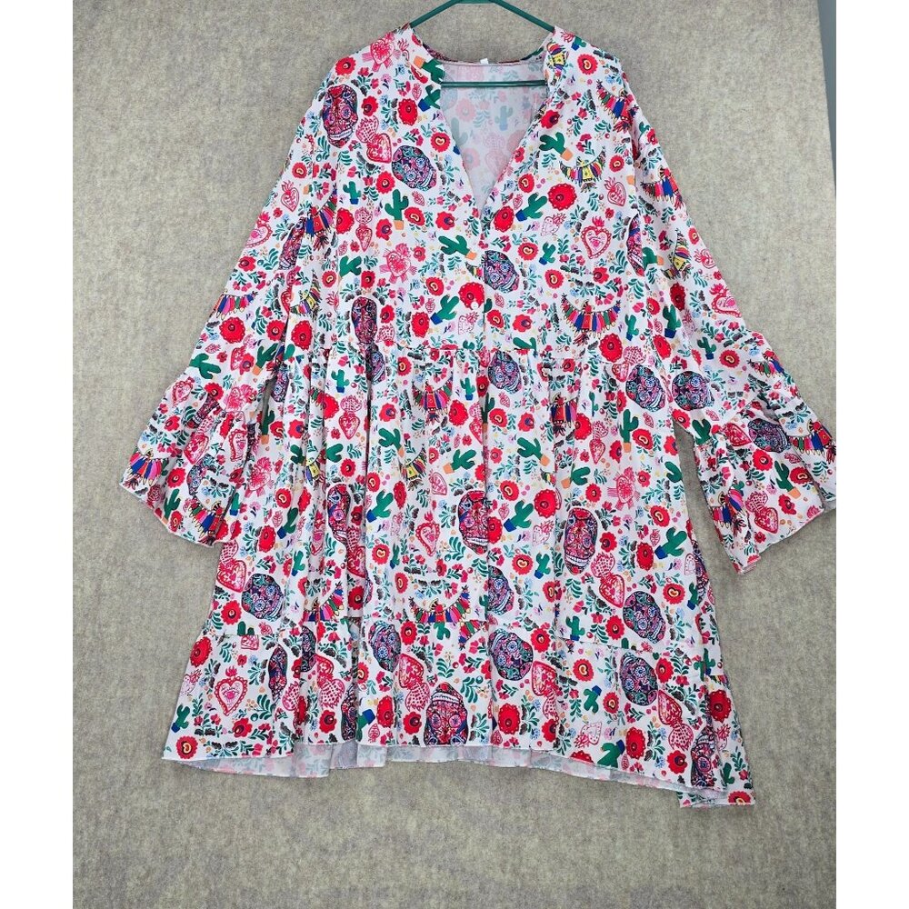Boho Womens Loose Swing Dress Multicolor Floral Print 6XL Polyester V-Neck